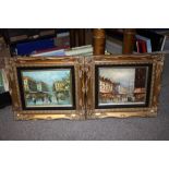 A PAIR OF GILT FRAMED OILS ON BOARD DEPICTING STREET SCENES