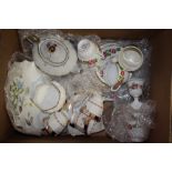 A BOX OF ASSORTED CHINA TO INCLUDE AYNSLEY, MUSICAL TEA POT ETC.