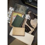 A SMALL TRAY OF CAR MECHANIC BOOKS TOGETHER WITH A VINTAGE IRON AND A BOOT LAST AN APPLE PRESS,