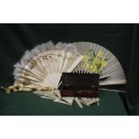 TWO ANTIQUE CARVED BONE / IVORY BRISE FANS FOR RESTORATION, together with a selection of abalone