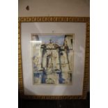 A GILT FRAMED AND GLAZED WATERCOLOUR OF A NEO CLASSICAL BUILDING SIGNED F.WAUGH