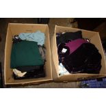 TWO BOXES OF ASSORTED LADIES CLOTHING, various styles and periods comprising suits, knitwear,