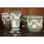 FOUR LARGE PIECES OF GREEN WEDGWOOD JASPERWARE TO INCLUDE A FOOTED BOWL, LARGE PLANTER ETC. TOGETHER