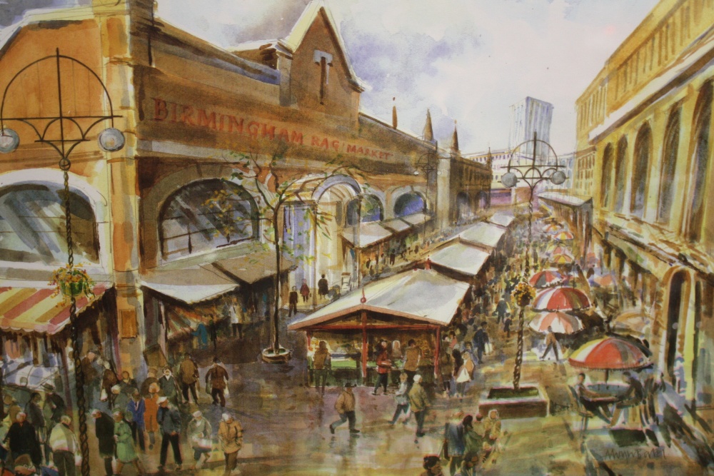 A PAIR OF FRAMED AND GLAZED BIRMINGHAM BULLRING MARKETS INTEREST MIXED MEDIA PICTURES - Image 2 of 3