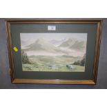 A FRAMED AND GLAZED WATERCOLOUR OF A HILLSIDE SCENE