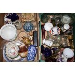 TWO TRAYS OF CERAMICS AND GLASS TO INCLUDE A ROYAL DOULTON STONEWARE JUG, ROYAL CROWN DERBY POSIES