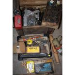 A CRATE AND A BOX OF TOOLS, PARTS ETC