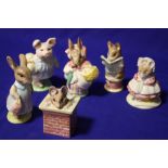 SIX ROYAL ALBERT BEATRIX POTTER FIGURES TO INCLUDE 'THE OLD WOMAN WHO LIVED IN A SHOE KNITTING', '