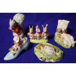 FOUR ROYAL ALBERT BEATRIX POTTER FIGURES TO INCLUDE 'BENJAMIN WAKES UP' TOGETHER WITH A BESWICK