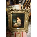 AN ANTIQUE GILT FRAMED OIL ON BOARD OF A YOUNG BOY WITH HIS HAND IN A GOLDFISH BOWL