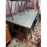 A LARGE MODERN INDUSTRIAL STYLE METAL TOPPED REFECTORY TYPE TABLE H-76 W- 90 L-200 CM
