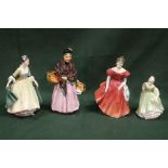 FOUR ROYAL DOULTON LADY FIGURES TO INCLUDE THE ORANGE LADY HN 1759, WINSOME HN 2220 ETC.