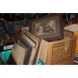TWO BOXES OF ANTIQUE AND VINTAGE BLACK AND WHITE PHOTOGRAPHS, FRAMES ETC.