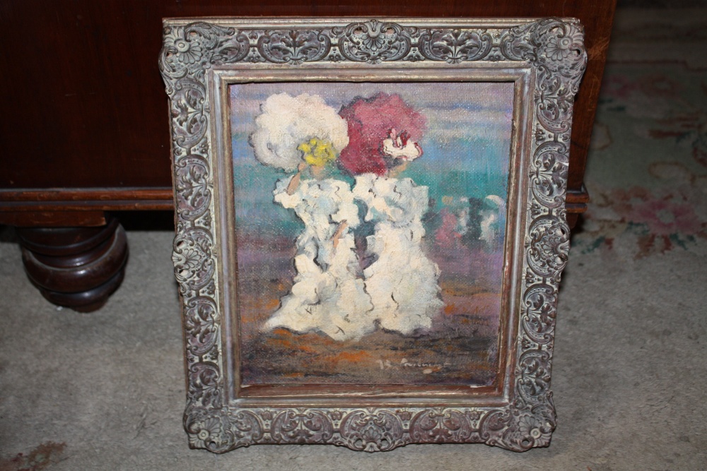 (XX). Impressionist scene with figures holding parasols, signed lower right, oil on card laid on