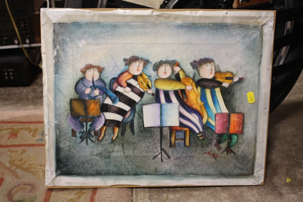 A MODERN UNFRAMED OIL ON CANVAS OF MUSICIANS SIGNED J ROYBAL - Image 2 of 3