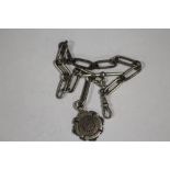 AN ANTIQUE SILVER FANCY LINK POCKET WATCH CHAIN WITH FOB