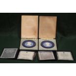 A PAIR OF WEDGWOOD JASPERWARE THREE COLOUR ROYAL SILVER JUBILEE PLAQUES