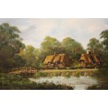 A GILT FRAMED OIL ON CANVAS DEPICTING COUNTRY COTTAGES SIGNED BARTON STACEY VERSO