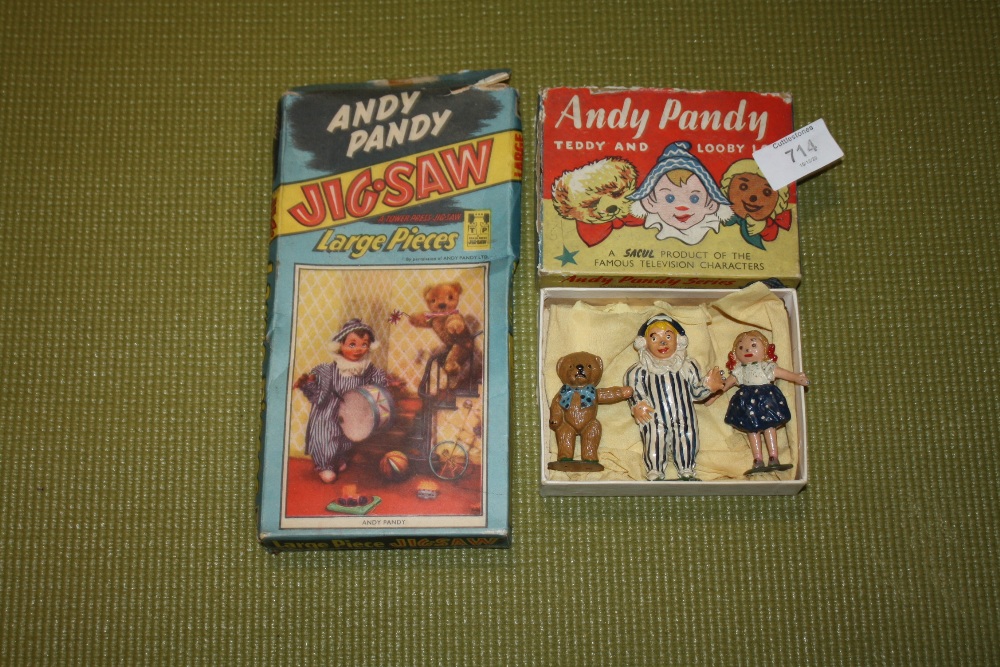 A BOXED VINTAGE ANDY PANDY THREE CHARACTER METAL TOY SET PLUS ANDY PANDY JIGSAW