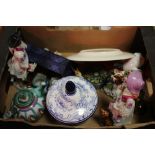 A TRAY OF ASSORTED CERAMICS TO INCLUDE CONTINENTAL STYLE FIGURES, BESWICK BEATRIX POTTER FIGURE A/