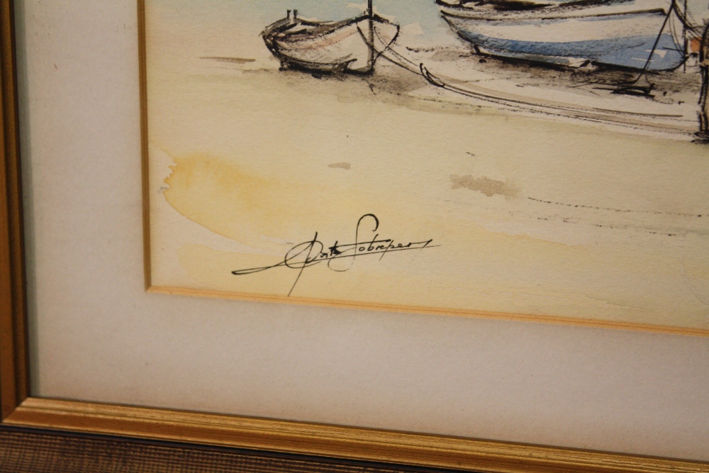 A FRAMED AND GLAZED WATERCOLOUR DEPICTING A CONTINENTAL HARBOUR SCENE INDISTINCTLY SIGNED LOWER LEFT - Image 2 of 3