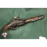 A 19TH CONTINENTAL FLINTLOCK PISTOL, possible Spanish / Portuguese, with inlaid white metal
