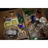 TWO TRAYS OF ASSORTED GLASSWARE TO INCLUDE A MURANO GLASS FIGURE OF A BIRD, GLASS FIGURE OF A BMW