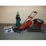 A FLYMO ELECTRIC MOWER, A BOSCH JET WASHER, A BOSCH HEDGE STRIMMER, A SMALL HAND HELD BOXED TURBO