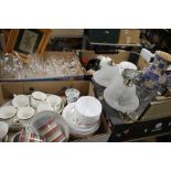 FOUR TRAYS OF CERAMICS, GLASSWARE ETC. TO INCLUDE WEDGWOOD 'ICE ROSE' (TRAYS NOT INCLUDED)