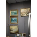 TWO OILS ON BOARD LANDSCAPE PAINTINGS TOGETHER WITH TWO HUNTING PRINTS (4)