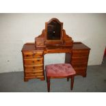 A SOLID PINE DUCAL DRESSING TABLE WITH MIRROR AND STOOL