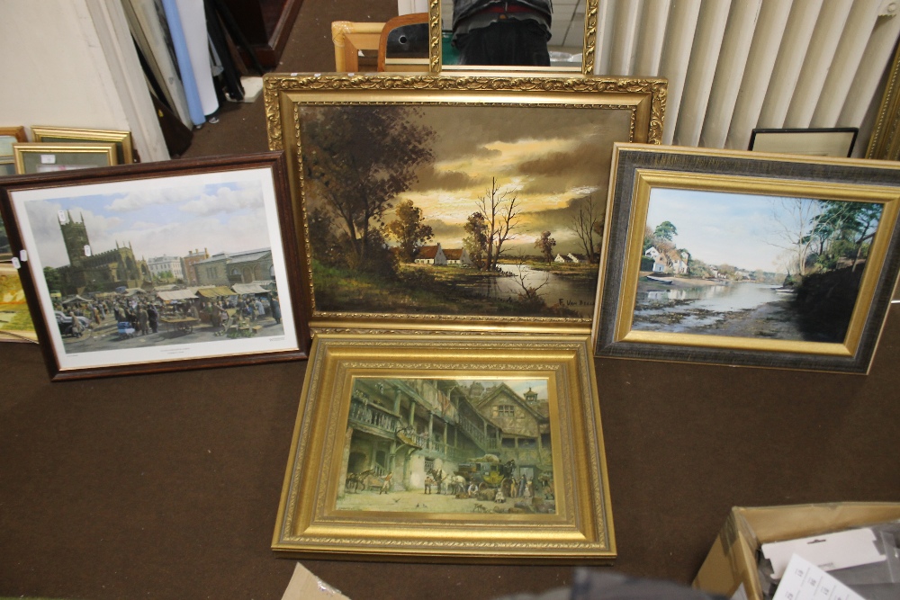 AN OIL ON CANVAS DEPICTING A LANDSCAPE SIGNED F. BEELK TOGETHER WITH THREE FRAMED PRINTS