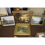 AN OIL ON CANVAS DEPICTING A LANDSCAPE SIGNED F. BEELK TOGETHER WITH THREE FRAMED PRINTS