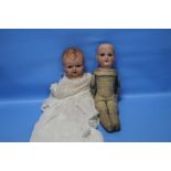 A VINTAGE ARMAND MARSEILLE PORCELAIN HEADED DOLL TOGETHER WITH ANOTHER A/F