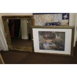 A GILT FRAMED MIRROR 74 X 65 CM TOGETHER WITH A CLAUDE MONET PRINT