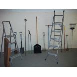 GARDEN TOOLS AND TWO PAIRS OF ALUMINIUM STEP LADDERS
