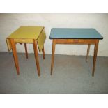 TWO RETRO FORMICA TOPPED KITCHEN TABLES, ONE WITH A DRAWER MADE BY F. JADE MARK AND A DROP LEAF MADE