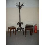 A WOODEN COAT STAND, QUEEN ANNE STYLE NEST OF TABLES ETC.