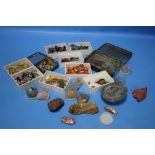 A BOX OF POLISHED STONES, A TIN OF SUNDRY COINS, MINOR COSTUME JEWELLERY ETC.