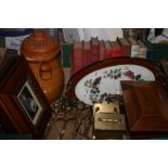 A TRAY OF SUNDRIES TO INCLUDE A TEA CADDY, CARRIAGE CLOCK ETC.