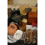 A TRAY OF CERAMICS ETC. TOGETHER WITH A METAL LIDDED POT (TRAY NOT INCLUDED)