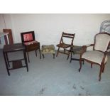 SIX ITEMS INCLUDING CHAIRS, STOOLS, A TABLE AND A SEWING BOX WITH CONTENTS