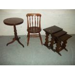 A VICTORIAN SINGLE PEDESTAL TABLE, AN ANTIQUE NEST OF THREE TABLES AND AN ANTIQUE CHAIR (3)