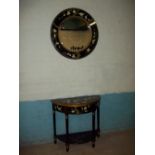 A CHINESE STYLE DEMI LUNE HALF MOON HALL TABLE AND BLACK FRAMED ROUND HALL MIRROR