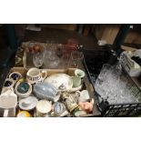 TWO TRAYS OF GLASSWARE ETC. TO INCLUDE CUT GLASS and A TRAY OF CERAMICS TO INCLUDE A WADE PIG (TRAYS