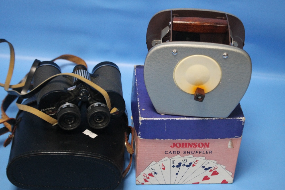 A BOXED JOHNSON CARD SHUFFLER AND A PAIR OF BINOCULARS