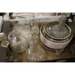 A TRAY OF GLASSWARE ETC. TO INCLUDE DECANTERS, RIBBON PLATES ETC. (TRAY NOT INCLUDED)