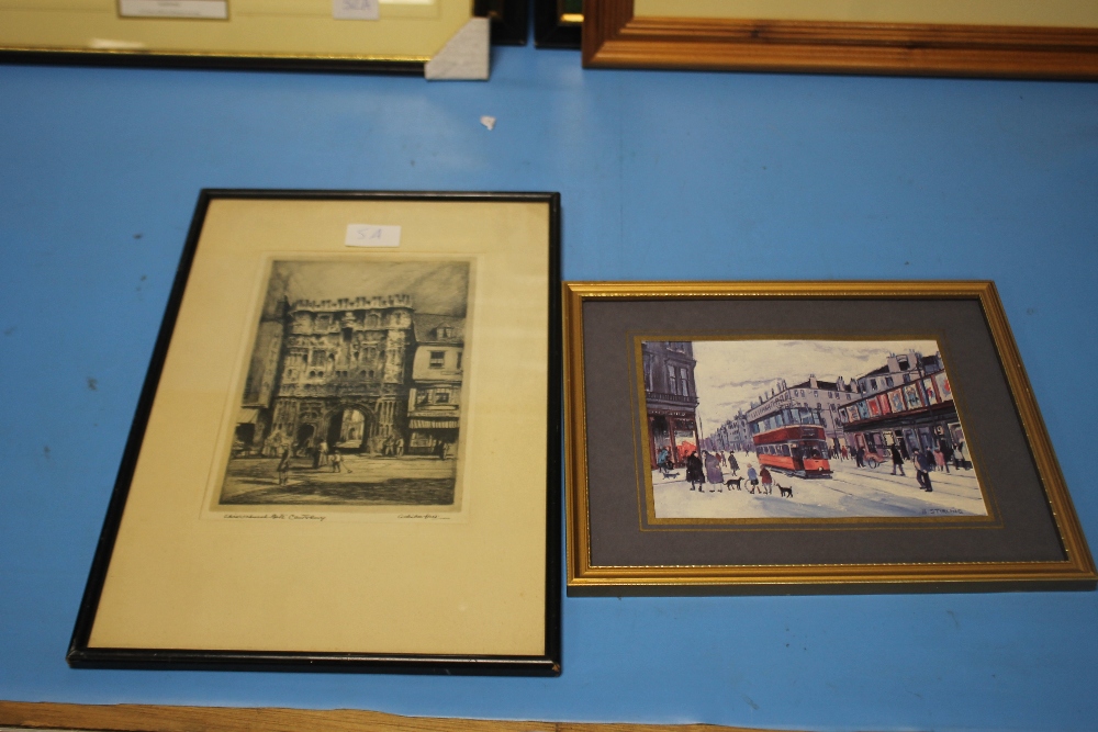 A PRINT OF A BETTY STIRLING PAINTING OF TRAMS TOGETHER WITH AN ETCHING OF CANTERBURY GATE