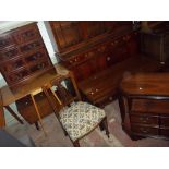 A DROP LEAF KITCHEN TABLE, A SEWING BOX, A CHEST OF DRAWERS AND BOARD GAMES ETC. (6)