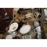 TWO TRAYS OF CERAMICS, METALWARE ETC. (TRAYS NOT INCLUDED)